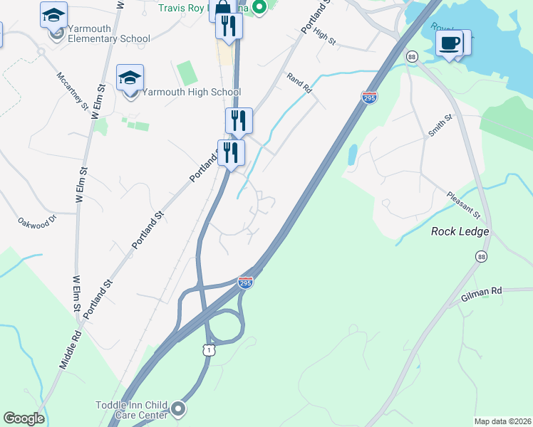map of restaurants, bars, coffee shops, grocery stores, and more near 8 Denmark Court in Yarmouth