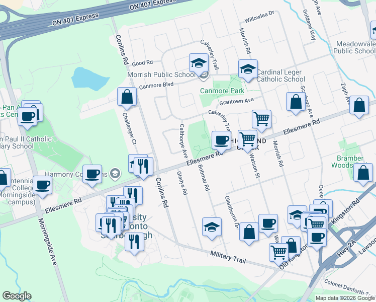 map of restaurants, bars, coffee shops, grocery stores, and more near in Toronto