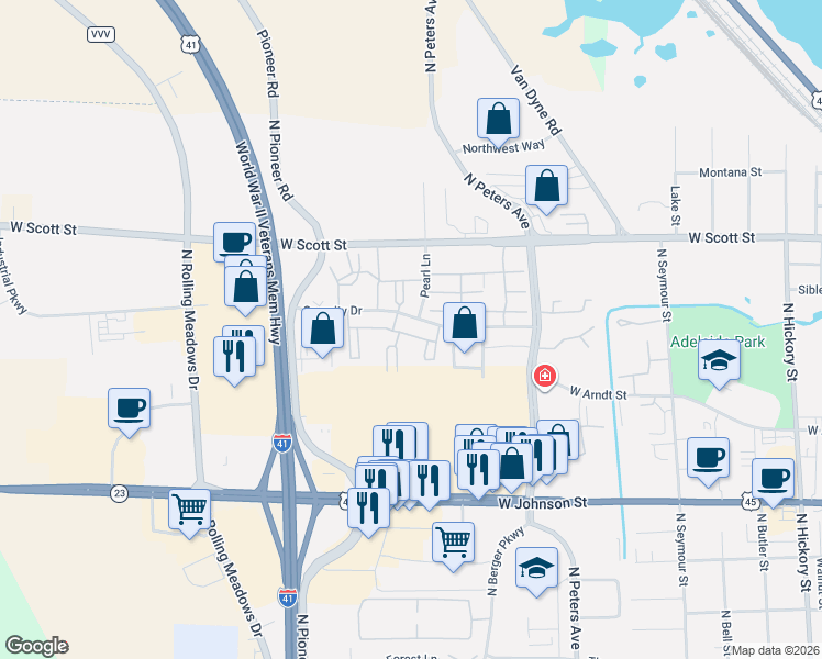 map of restaurants, bars, coffee shops, grocery stores, and more near 808 Security Drive in Fond du Lac