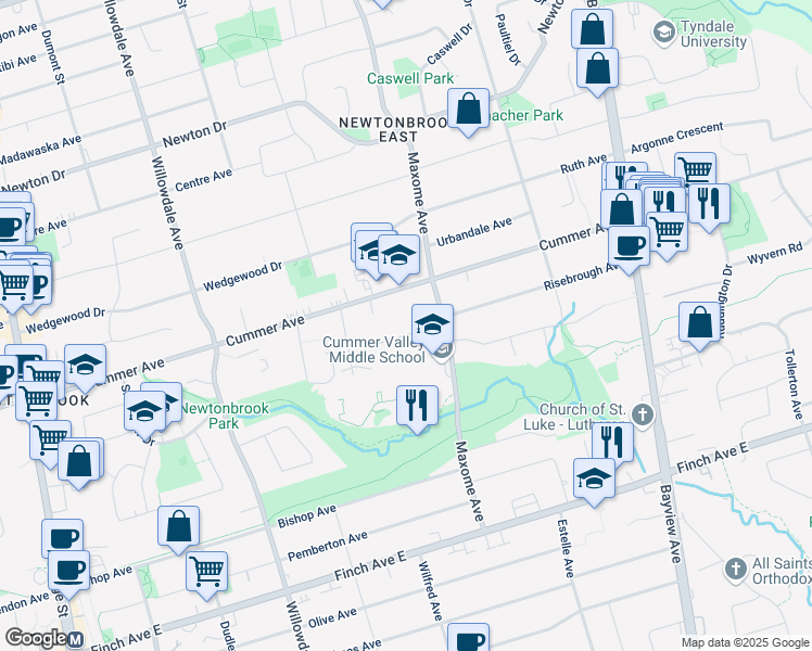 map of restaurants, bars, coffee shops, grocery stores, and more near 16 Donna Court in Toronto
