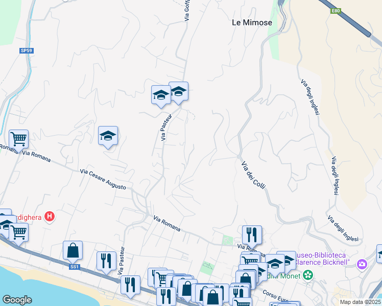 map of restaurants, bars, coffee shops, grocery stores, and more near 21 Via Principessa Mafalda in Bordighera