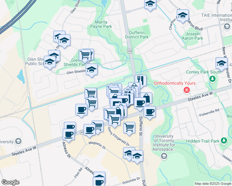 map of restaurants, bars, coffee shops, grocery stores, and more near in Vaughan