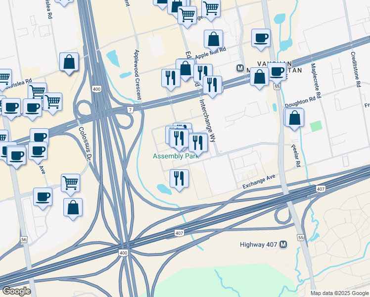 map of restaurants, bars, coffee shops, grocery stores, and more near 50 Interchange Way in Vaughan
