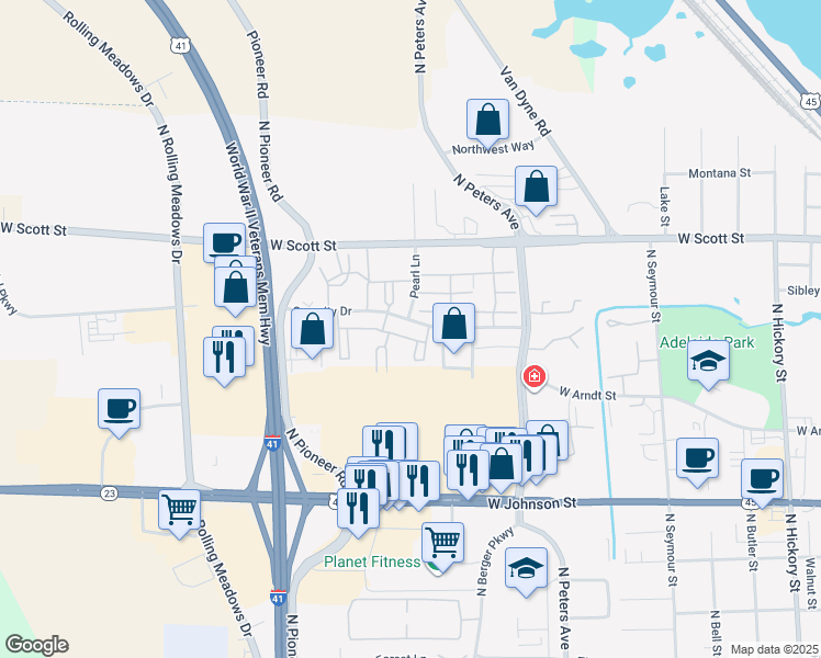 map of restaurants, bars, coffee shops, grocery stores, and more near 808 Security Drive in Fond du Lac