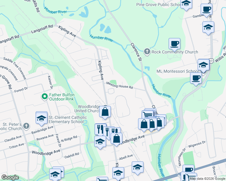 map of restaurants, bars, coffee shops, grocery stores, and more near 8169 Kipling Avenue in Vaughan