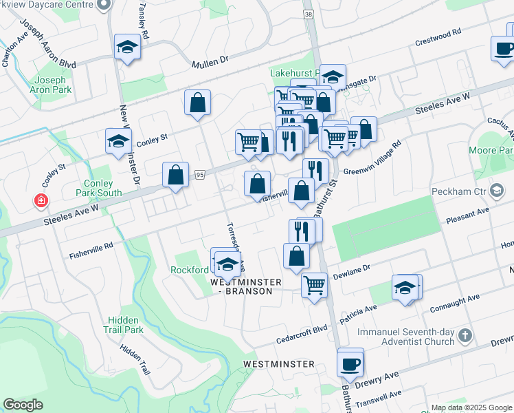map of restaurants, bars, coffee shops, grocery stores, and more near 39 Fisherville Road in Toronto