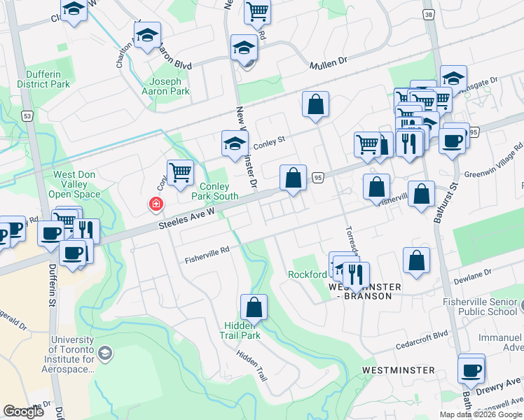map of restaurants, bars, coffee shops, grocery stores, and more near 131 Black Hawk Way in Toronto