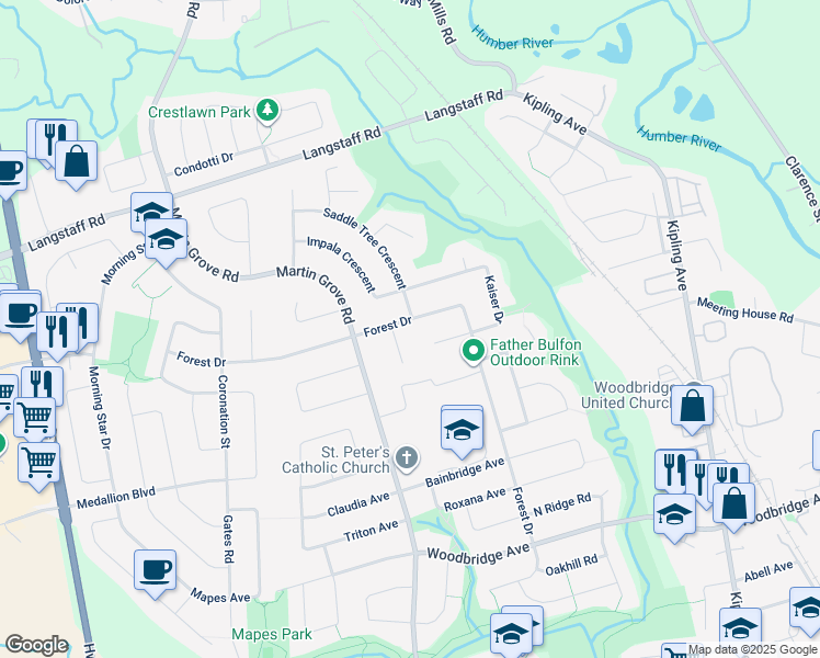 map of restaurants, bars, coffee shops, grocery stores, and more near 307 Forest Drive in Vaughan