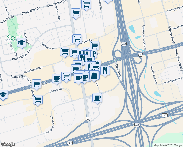 map of restaurants, bars, coffee shops, grocery stores, and more near 30 Famous Avenue in Vaughan