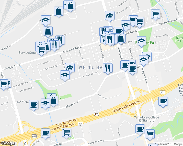 map of restaurants, bars, coffee shops, grocery stores, and more near 2 Plumbrook Crescent in Toronto