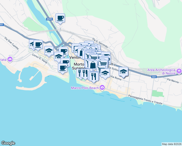 map of restaurants, bars, coffee shops, grocery stores, and more near 13 Via Vittorio Veneto in Ventimiglia