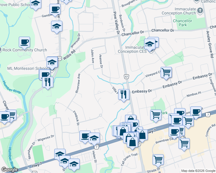 map of restaurants, bars, coffee shops, grocery stores, and more near 90 Villa Park Drive in Vaughan