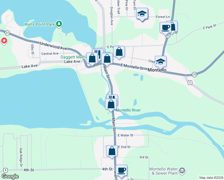 map of restaurants, bars, coffee shops, grocery stores, and more near 107 Main St in Montello