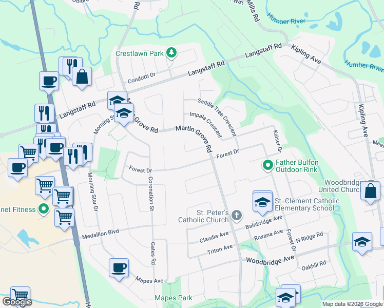 map of restaurants, bars, coffee shops, grocery stores, and more near 35 Amaretto Court in Vaughan