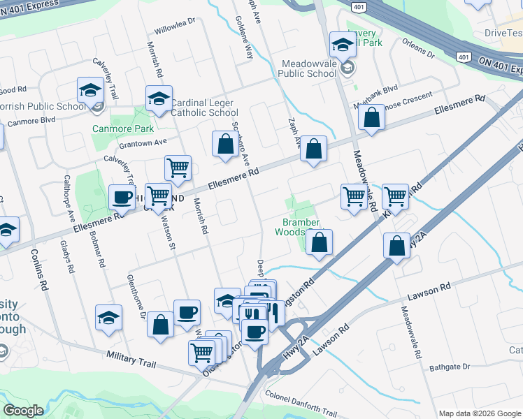 map of restaurants, bars, coffee shops, grocery stores, and more near in Toronto