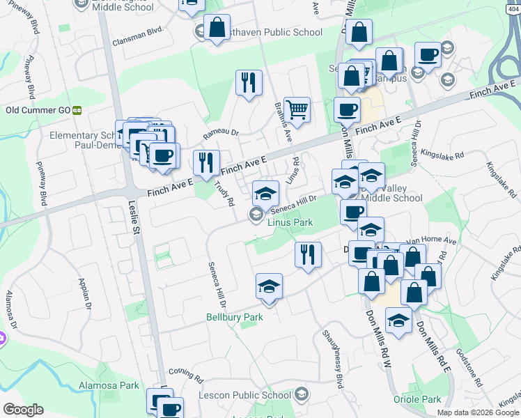 map of restaurants, bars, coffee shops, grocery stores, and more near 3 Rock Fern Way in Toronto