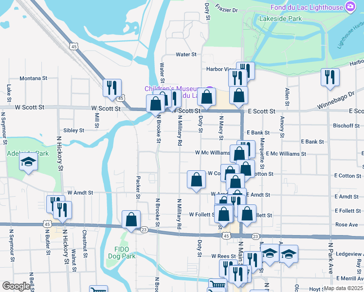 map of restaurants, bars, coffee shops, grocery stores, and more near 131 West Mc Williams Street in Fond du Lac