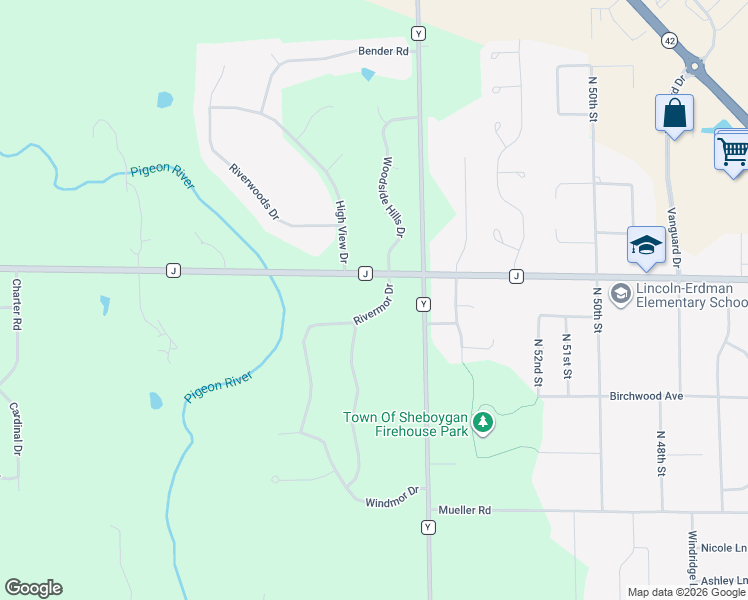 map of restaurants, bars, coffee shops, grocery stores, and more near N6881 Rivermor Drive in Sheboygan