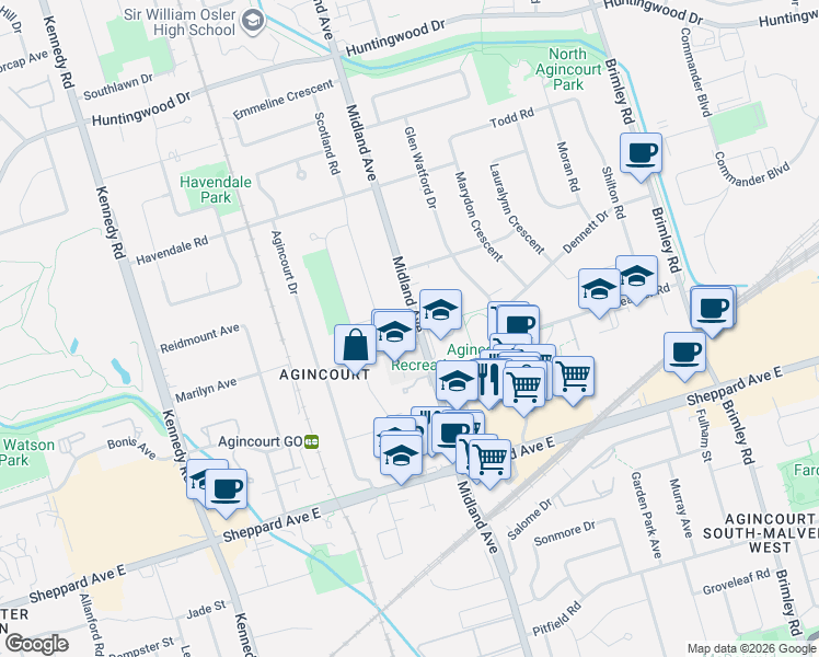 map of restaurants, bars, coffee shops, grocery stores, and more near in Toronto