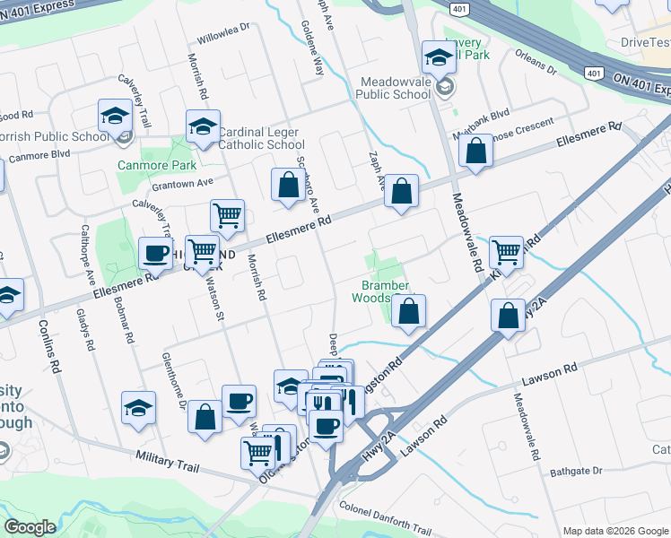 map of restaurants, bars, coffee shops, grocery stores, and more near 83 Deep Dene Drive in Toronto