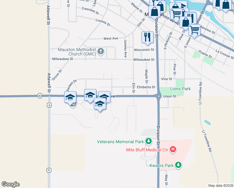 map of restaurants, bars, coffee shops, grocery stores, and more near 409 Grayside Avenue in Mauston