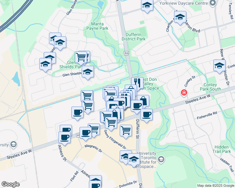 map of restaurants, bars, coffee shops, grocery stores, and more near in Vaughan
