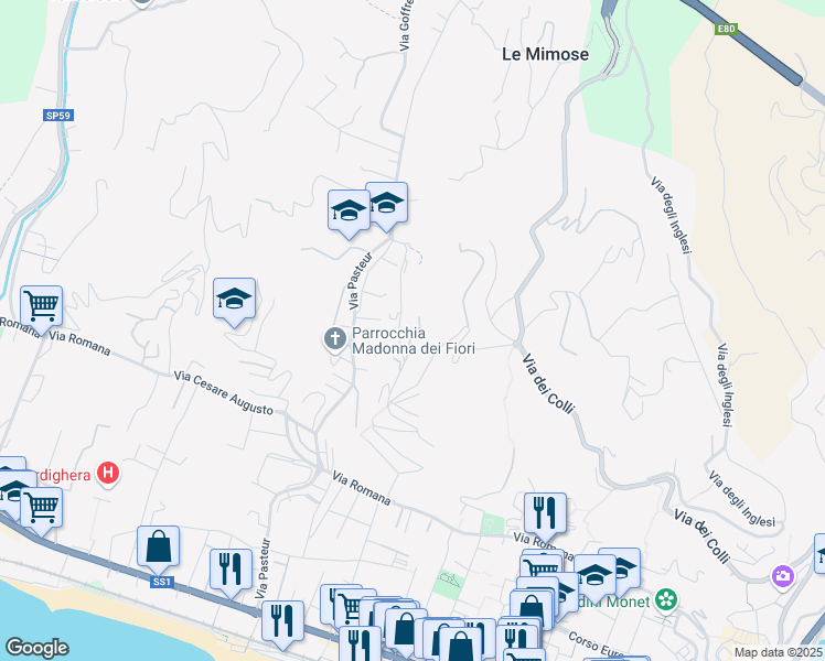 map of restaurants, bars, coffee shops, grocery stores, and more near 21 Via Principessa Mafalda in Bordighera