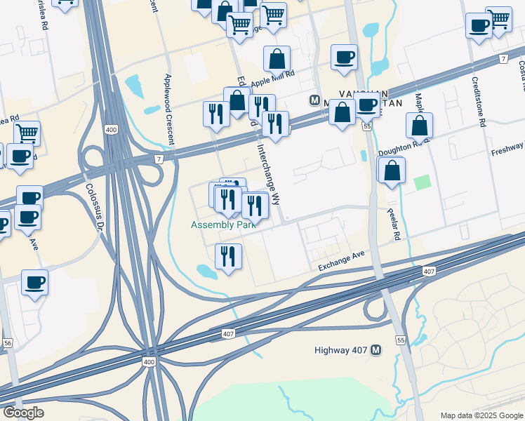 map of restaurants, bars, coffee shops, grocery stores, and more near 50 Interchange Way in Vaughan
