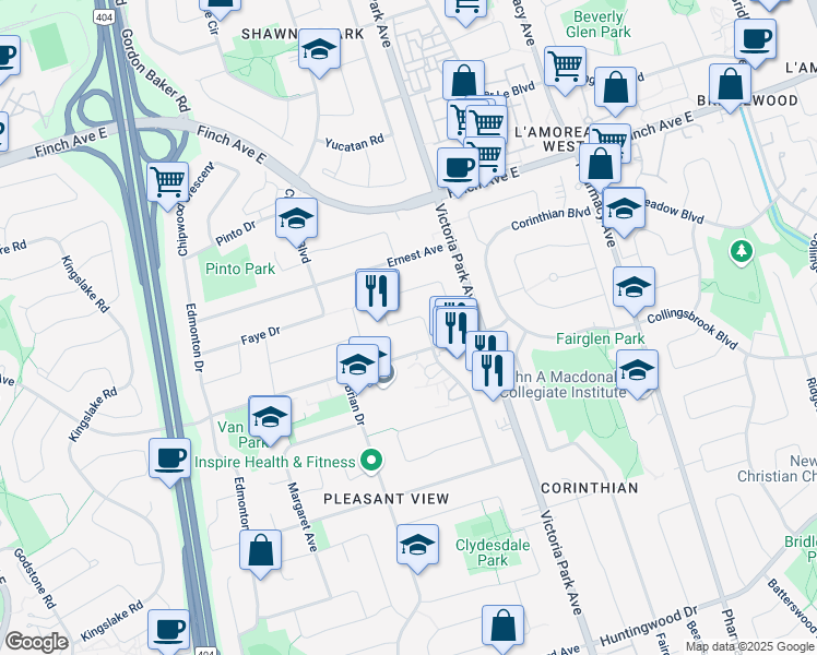 map of restaurants, bars, coffee shops, grocery stores, and more near 24 Taverly Road in Toronto