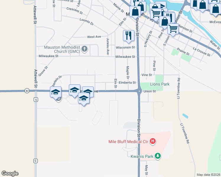 map of restaurants, bars, coffee shops, grocery stores, and more near 353 Grayside Ave in Mauston