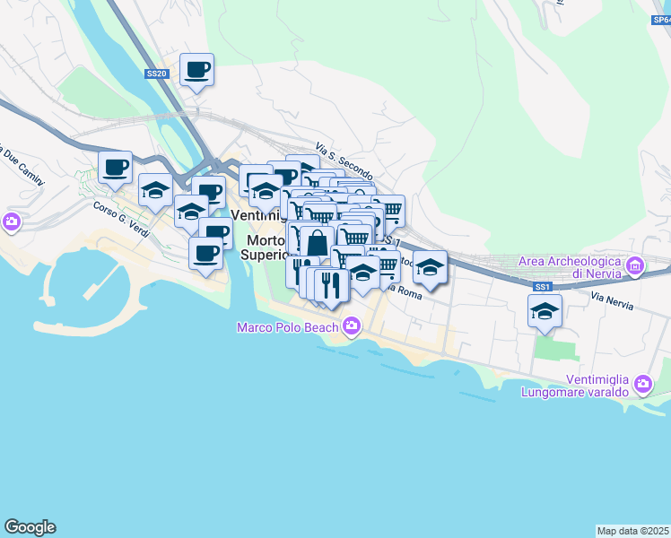 map of restaurants, bars, coffee shops, grocery stores, and more near 7 Via Fondega in Ventimiglia