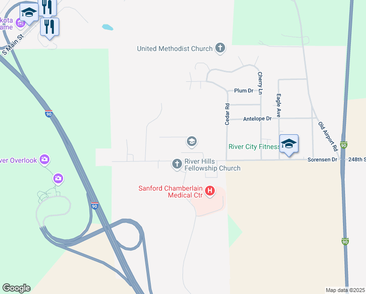 map of restaurants, bars, coffee shops, grocery stores, and more near 1000 Sorensen Drive in Chamberlain