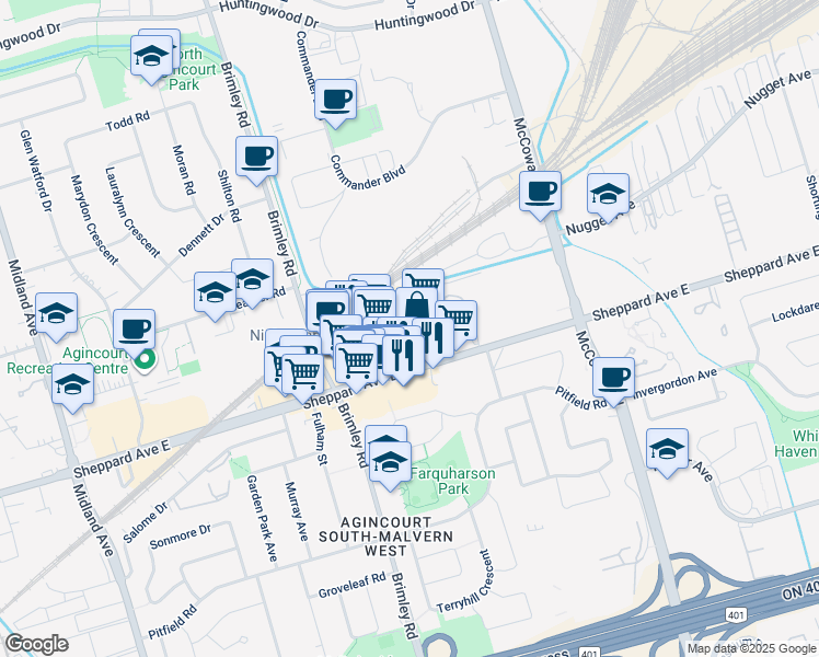 map of restaurants, bars, coffee shops, grocery stores, and more near in Toronto
