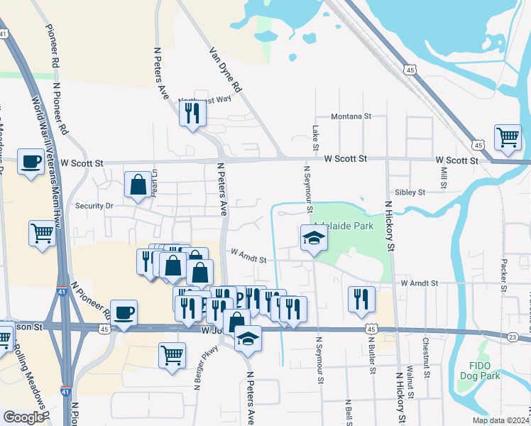 map of restaurants, bars, coffee shops, grocery stores, and more near 382 North Seymour Street in Fond du Lac
