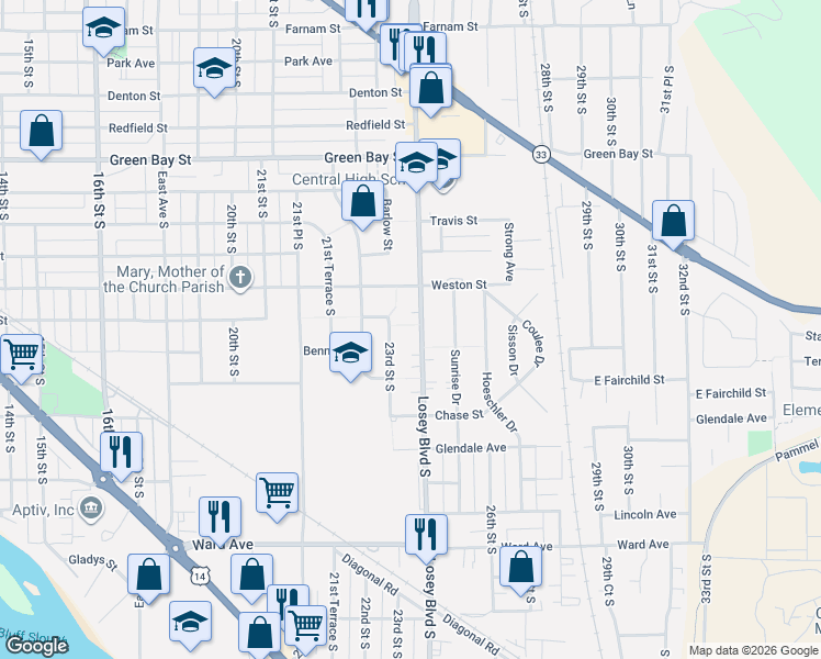 map of restaurants, bars, coffee shops, grocery stores, and more near 2139 Losey Boulevard South in La Crosse