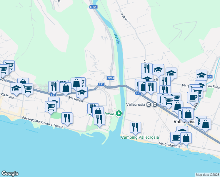 map of restaurants, bars, coffee shops, grocery stores, and more near 154 Corso Genova in Ventimiglia