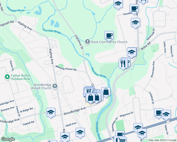 map of restaurants, bars, coffee shops, grocery stores, and more near 155 Clarence Street in Vaughan