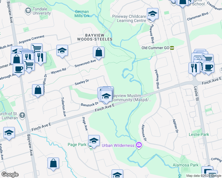 map of restaurants, bars, coffee shops, grocery stores, and more near 99 Banstock Drive in Toronto