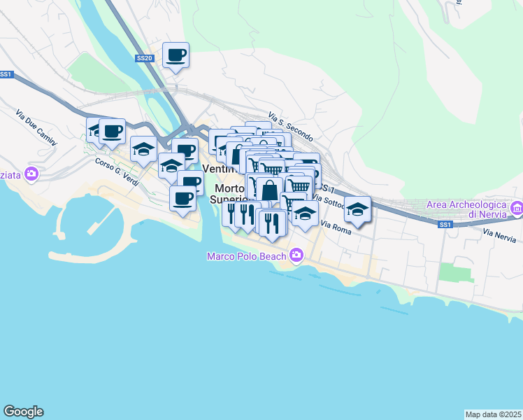 map of restaurants, bars, coffee shops, grocery stores, and more near 11 Via Vittorio Veneto in Ventimiglia