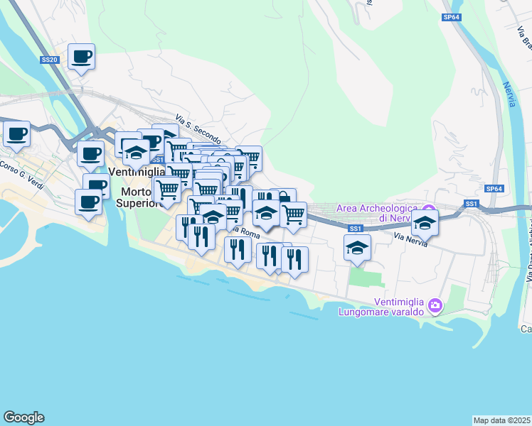 map of restaurants, bars, coffee shops, grocery stores, and more near 49 Via Sottoconvento in Ventimiglia