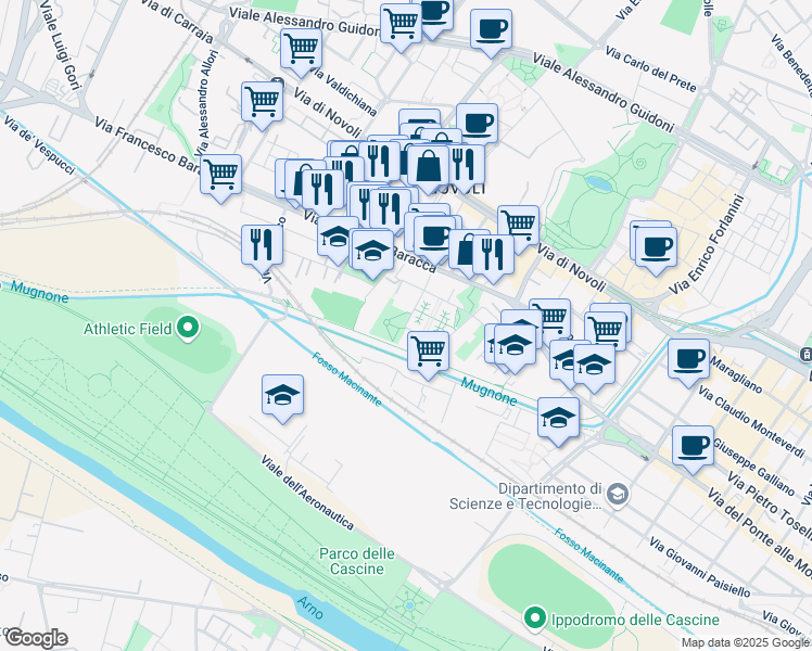 map of restaurants, bars, coffee shops, grocery stores, and more near Via Mario Castelnuovo Tedesco in Firenze