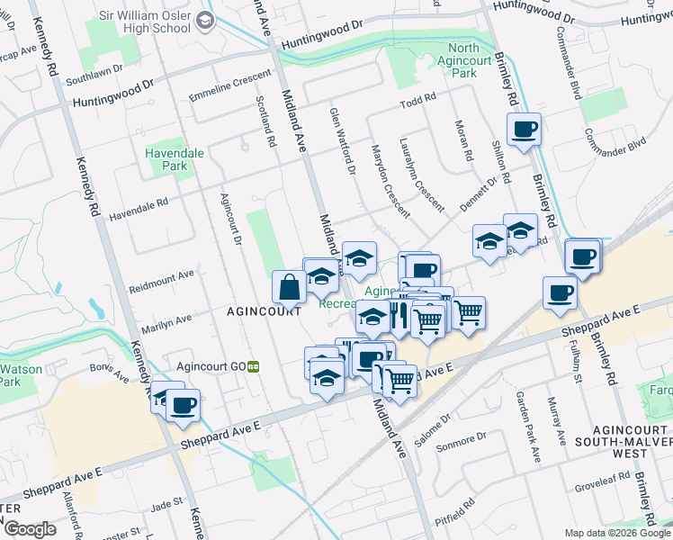 map of restaurants, bars, coffee shops, grocery stores, and more near 2640 Midland Avenue in Toronto