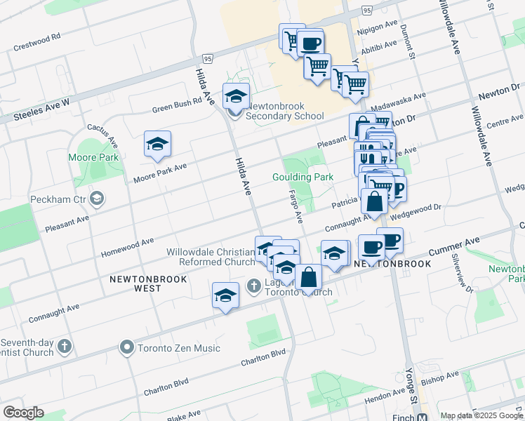 map of restaurants, bars, coffee shops, grocery stores, and more near 137 Homewood Avenue in Toronto