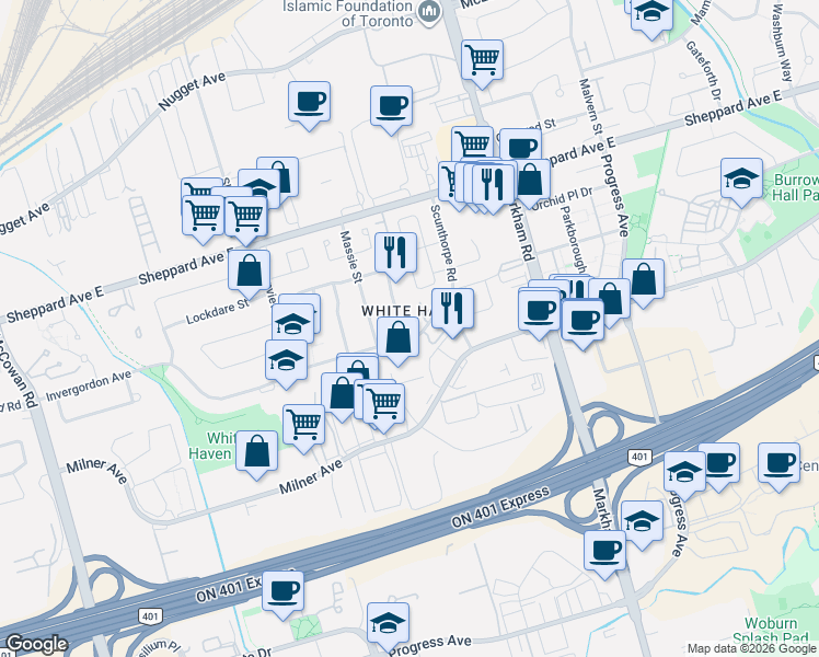map of restaurants, bars, coffee shops, grocery stores, and more near 3 Plumbrook Crescent in Toronto