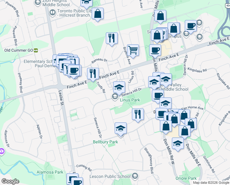 map of restaurants, bars, coffee shops, grocery stores, and more near 18 Rock Fern Way in Toronto