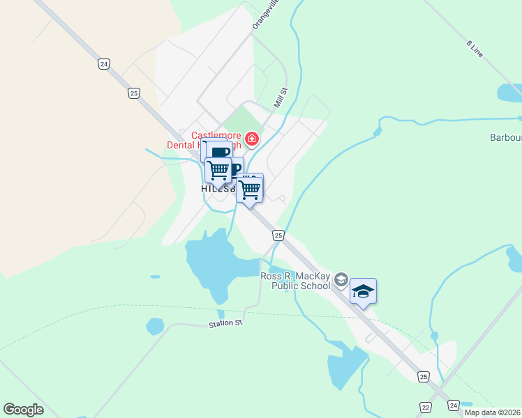 map of restaurants, bars, coffee shops, grocery stores, and more near 83 Trafalgar Road in Erin