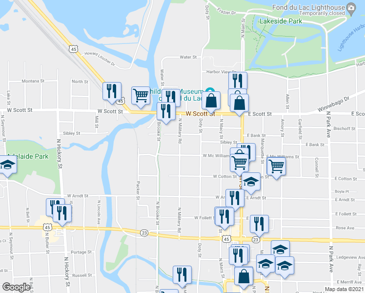 map of restaurants, bars, coffee shops, grocery stores, and more near 131 West Mc Williams Street in Fond du Lac