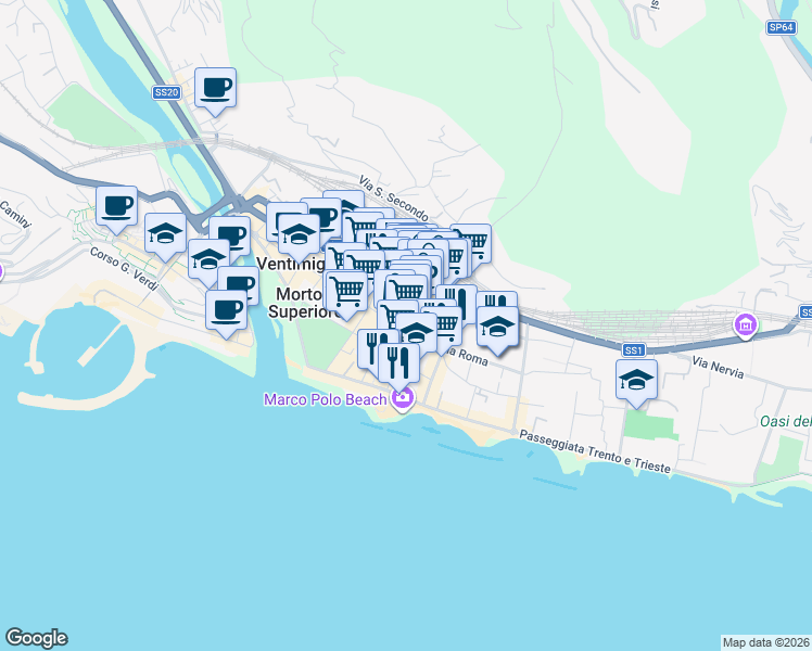 map of restaurants, bars, coffee shops, grocery stores, and more near 4 Via Asse in Ventimiglia