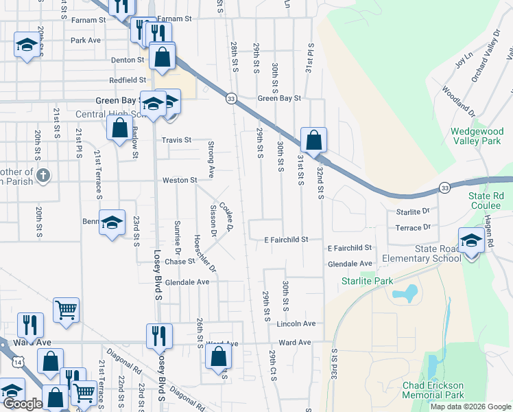 map of restaurants, bars, coffee shops, grocery stores, and more near 2116 29th Street South in La Crosse