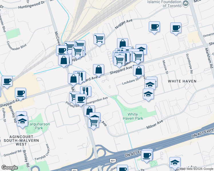 map of restaurants, bars, coffee shops, grocery stores, and more near 4727 Sheppard Avenue East in Toronto